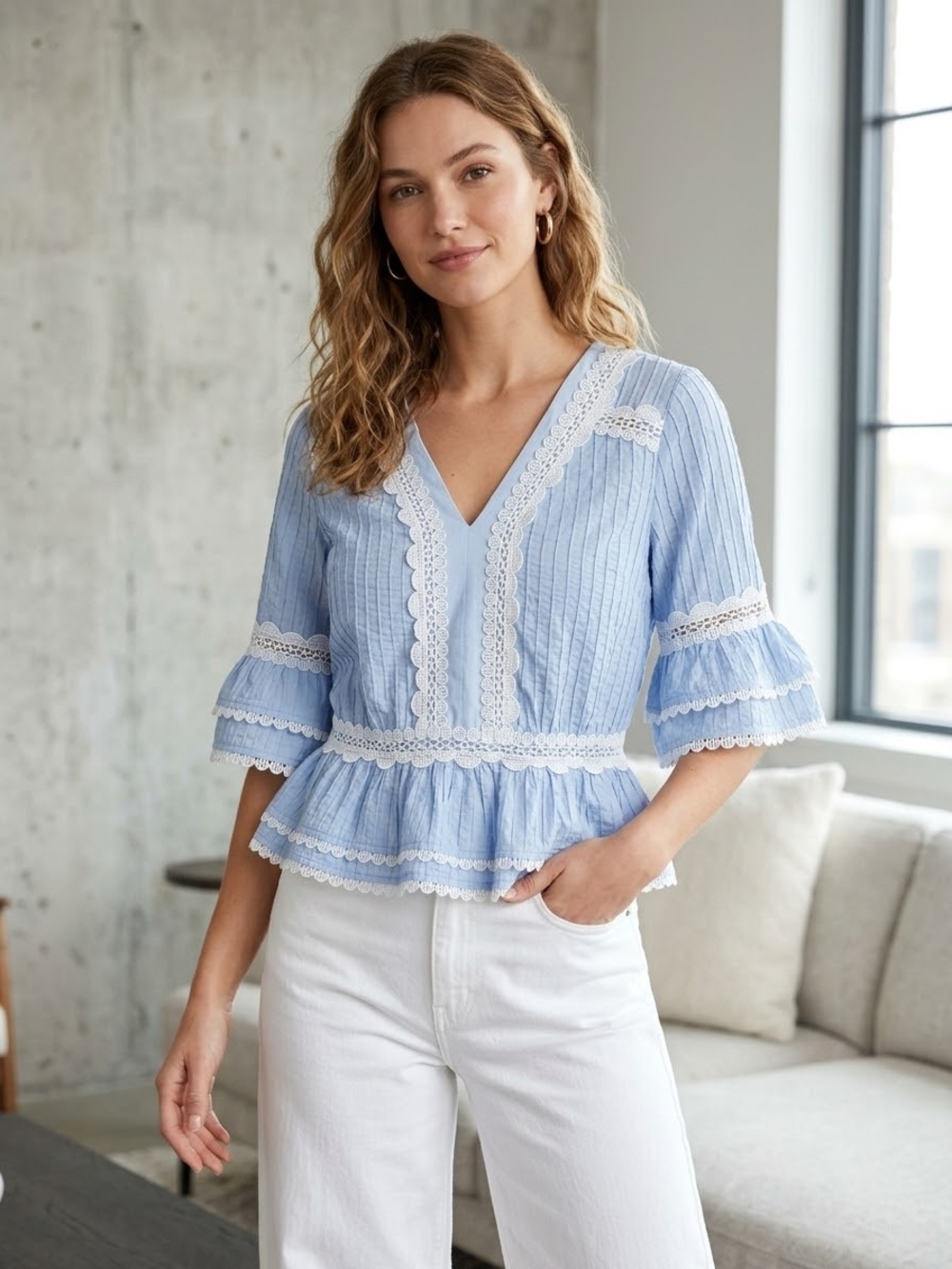 J. Crew Light Blue Lace-Trim Peplum V-Neck Blouse
